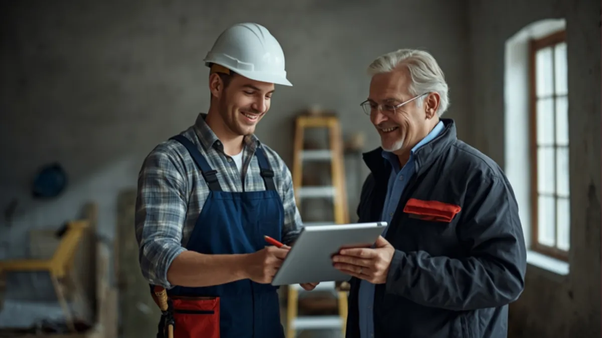 Handwerker mit Schutzhelm hält auf der Baustelle ein Tablet, auf dem der Kunde die Abnahme unterschreibt. (Symbolbild, KI-generiert)