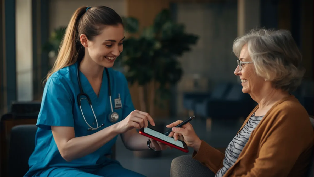 Medizinische Fachangestellte am Empfang einer Arztpraxis reicht einer Patientin ein Tablet, auf dem diese den Anamnesebogen unterschreibt. (Symbolbild, KI-generiert)